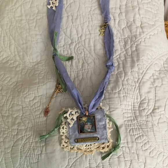 Handmade Artisan Boho Statement Jabot Necklace with Ribbon and Lace